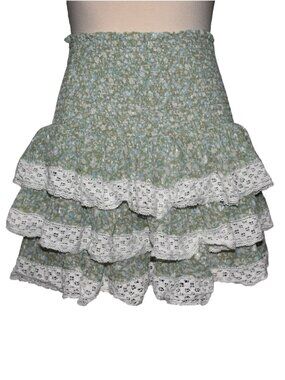 Sunday Saint Tropez Floral Ruffle Mini Skirt Lace Trim Smocked Waist TU S M